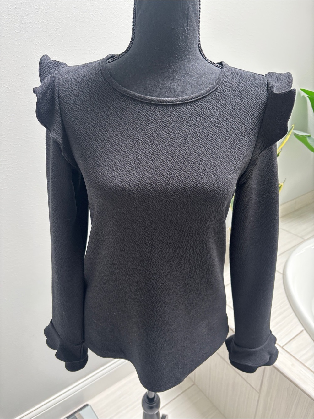 Express Black Ruffle Shoulder Long-Sleeve Top